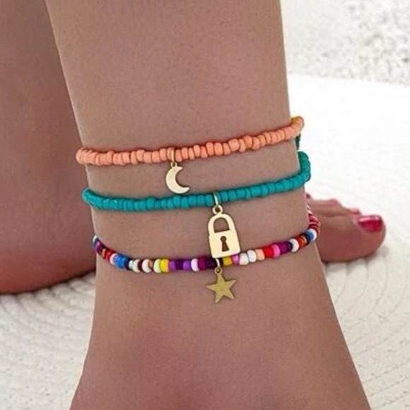 Jewelry - 3 pcs Moon Star Lock Beaded Anklet Set Golden Charms Multicolor